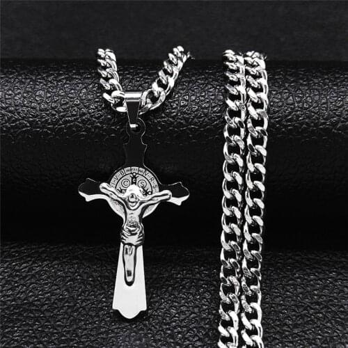 2021 Catholic Cross jesus Stainless Steel Necklace Pendant Women/Men Silver Color Necklaces Chain Jewelry collier croix N8003S05