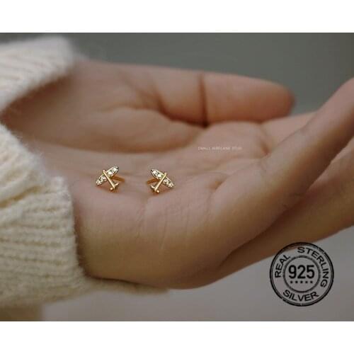 925 Sterling Silver Earrings For Women Diamond Zircon Airplane Gold Simple Mini Cute Female Personalized Fashion Jewelry INEFFA