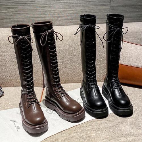 BlWBYL l35-40 Stretch Boots Women Lace Up Platform Boots High Quality Microfiber Leather Mid Calf Boots for Women