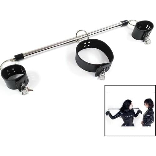 CamaTech Neck Collar Wrist Spreader Bar Bondage Restraints BDSM Metal Spreader Bar with PU Leather Collar Hand Cuffs For Couples