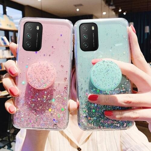 For Xiaomi POCO M3 X3 NFC Case Bling Glitter soft clear Stand Holder Socket Cover for Mi 10T 10Lite Redmi Note 9s 9 8 Pro 9A 9C