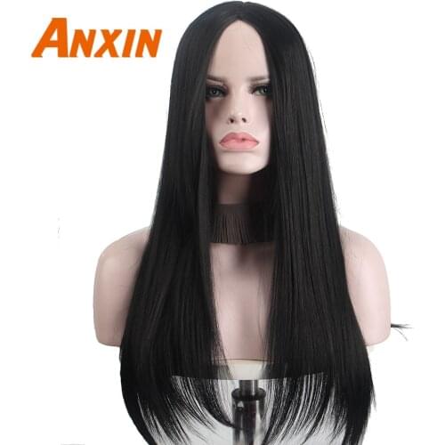 26 Inch Long Black Wigs Part Straight Synthetic Natural Hairs