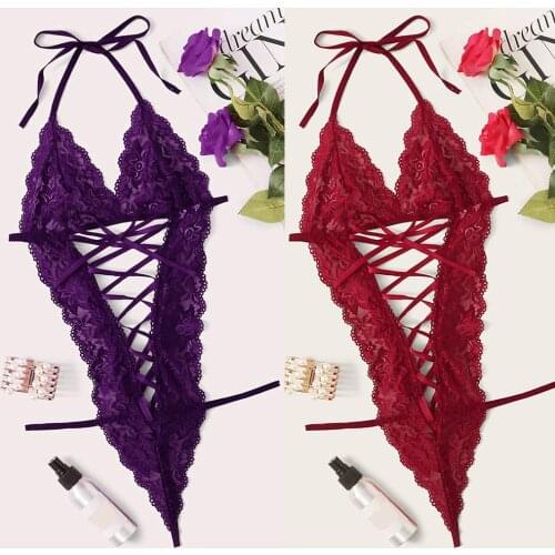 Women Underwear Deep V Halter Sexy Lingerie One Piece Bodysuit Lace Bandage Teddy Porn Lenceria Hollow Erotic Costumes Plus Size