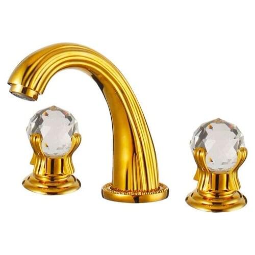 European classical gold plated bathroom faucet golden crystal three hole basin faucet double crystal head three leading