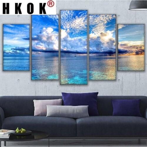 HKOK Abstract 5 Panels Canvas Paintings Posters Prints Large Blue Sky And White Cloud Sea Landscape Wall Art Pictures Home Decor