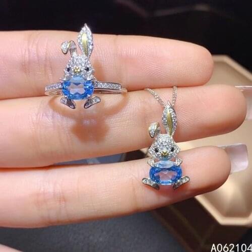 KJJEAXCMY fine jewelry 925 sterling silver inlaid Natural Blue Topaz Women popular vintage rabbit gem ring pendant suit support