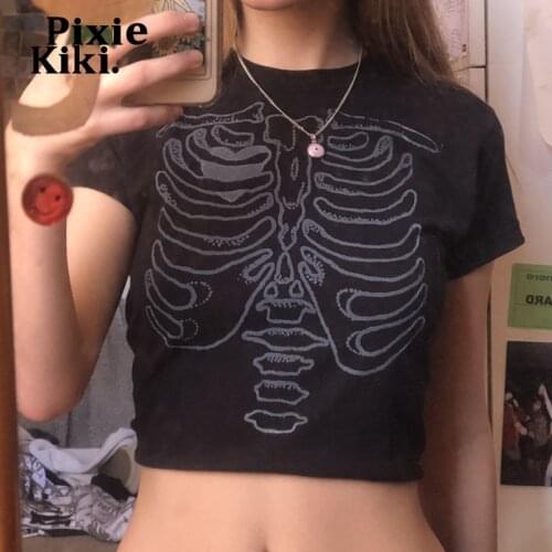 PixieKiki 90s Vintage Aesthetic Skeleton Print Crop Top T Shirts Y2k Fashion Graphic Tees 2021 Women Grunge Clothes P77-BE10