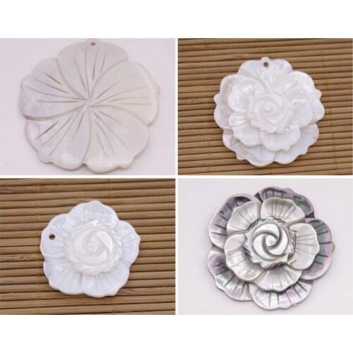 35mm-55mm Natural Mother of Pearl Shell Flower Pendant Making White Black Choose