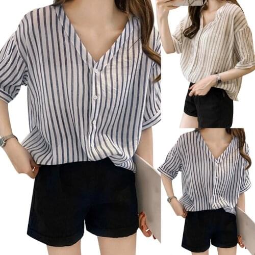 Casual Women Stripe V Neck Half Sleeve Loose Thin Button Up Shirt Tee Top Blouse easy to match with your trouser or pants
