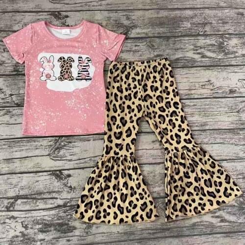 Spring Style Screen Print Bunny Top Match Leopard Bell Bottm Pants Easter Clothes Kids Boutique Clothing