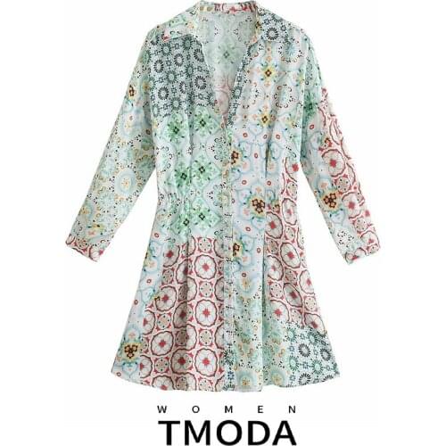 TMODA1597 Za 2021 Summer Women Fashion Patchwork Floral Print Long Sleeve Mini Dress Female Chic Vintage Beach Shirt Dresses