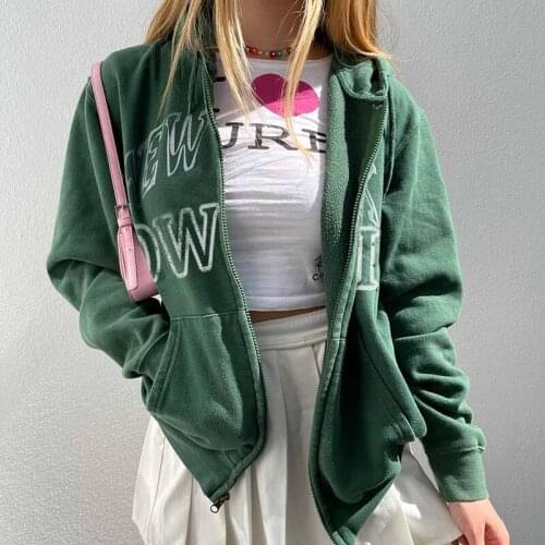 High Quality Green Retro Letter Print Zip Up Hoodie Oversized Sweatshirt Jacket Coats Women Winter Clothes New Streetwear Girl