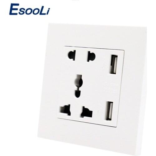 Esooli Manufacturer Wall USB Socket Universal 5 Hole Socket Power Outlet With Double USB Smart Induction Charger Port