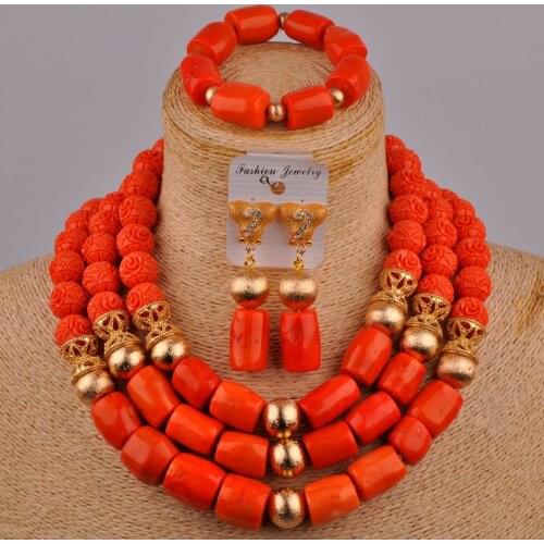 Nigerian Orange Coral Beads African Wedding Coral Set Dubai Gold Bridal Jewelry Sets C-49-B4