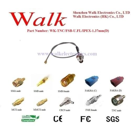 RF cable assembly: TNC female straight bulkhead to U.FL/IPEX female right angle with 1.37mm(D) cable