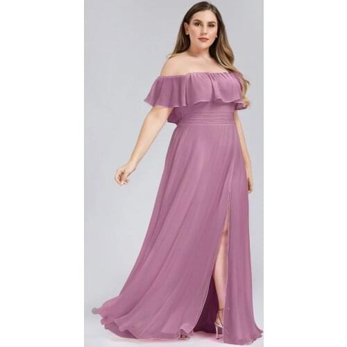 Orchid Evening Dresses For Women Party Ever Pretty EP00968 Womens Off Shoulder Ruffle Thigh Split Formal Gown Plus Size