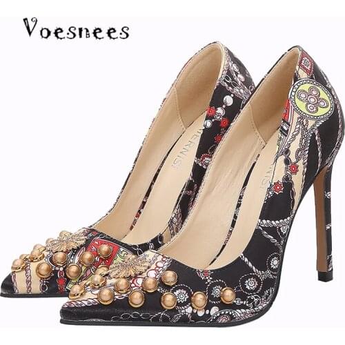 Voesnees Shoes For Women 2020 New Fashion Pumps Ethnic printing Ladies Shallow Mouth Pointed High Heels Female Stiletto Sexy