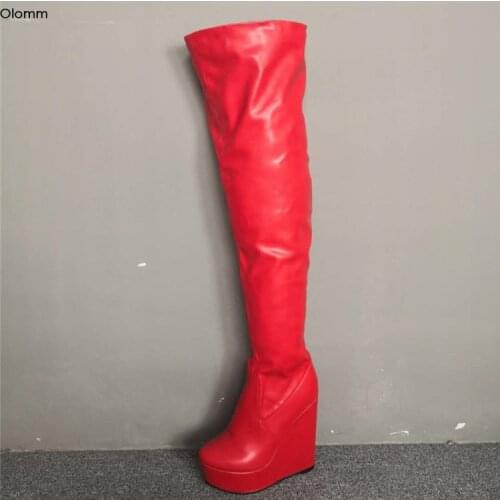 Olomm New Women Platform Over The Knee Boots Wedges High Heels Boots Round Toe Gorgeous Red Dress Shoes Women Plus US Size 5-15