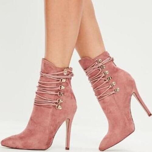 Ladies Front Elastic Pink Suede Ankle Boots Women Stiletto Heels Spring Boots Gladiator Short Boots