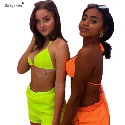 Sexy Reflective Neon Bikini Two Piece Set Women Summer Lace Up Crop Tops and Shorts Kawaii Pink Summer Holiday Matching Outfits