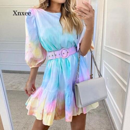 Rainbow Women Dress V-Neck Tiered Ruffle Summer Fashion Holiday Beach Dresses 2021 Lantern Sleeve Chic Boho Women Clothing