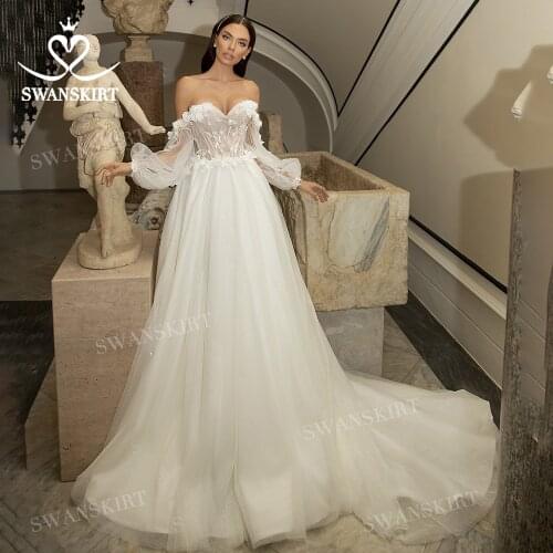 Romantic 3D Flowers Wedding Dress Strapless Puff Sleeve A-Line Court Train Bridal Gown Princess SwanSarah L101 Vestido De Novia