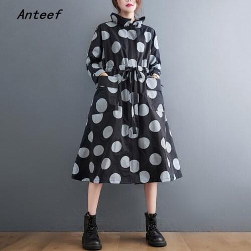 Anteef long sleeve plus size cotton vintage Polka Dot dresses for women casual loose spring autumn dress elegant clothing 2021