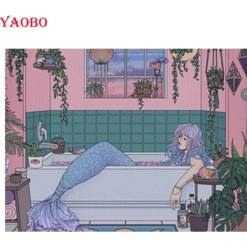 DIY Diamond Painting Mermaid Bathing Bathtub Diamond Embroidery Full Set Diamond Mosaic Rhinestone Bathroom Decorations Art