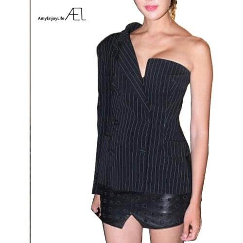 AEL Single Shoulder Blazer Women Suit Lapel Striped Ladys Autumn Fashion 2018 New Hight Quality Street Wear Asymmetric Tidal