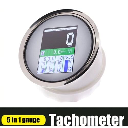 85mm Digital Tachometer Meter 5 in 1 Multi-functional Fuel Level Water Temp Gauge For Boat Oil Pressure 0~10Bar With Alarm 9-32V