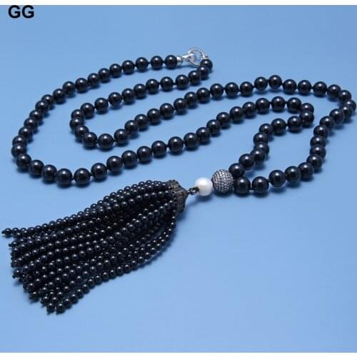 GuaiGuai Jewelry 40'' 9-10mm Natural Black Round Pearl Necklace CZ Pave Connector Pendant Black Pearl Tassels Necklace For Women