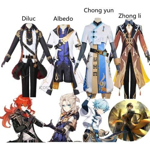 HOT Game Genshin Impact Albedo Diluc Zhongli Chongyun Cosplay Costumes for Men Women Full Set Unisex Halloween Party Uniform Wig