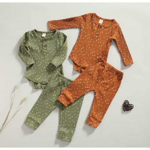 Baby Girls Ribbed Clothes Set, Polka Dot Print Long Sleeve O-neck Romper+Elastic Waist Trousers