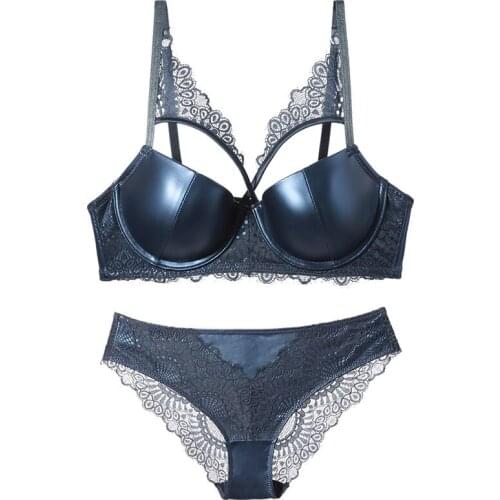 2021 New Blue Leather Sexy Bra And Panty Sets For Women Thick Padded Push Up Bras Lace Underwear Womens Sexy Lingerie Red Black