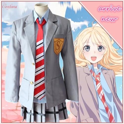 Your Lie in April Miyazono Kaori Arima Kousei Cosplay Costume Japanese Anime School Uniforms Halloween Suit(Coat + Skirt + Tie)
