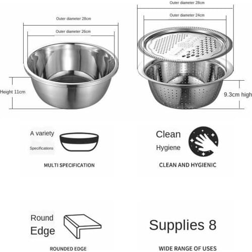 Kitchen Drain Draining Basin Sieve Stainless Steel Colander Bowl with Vegetables Grater Round