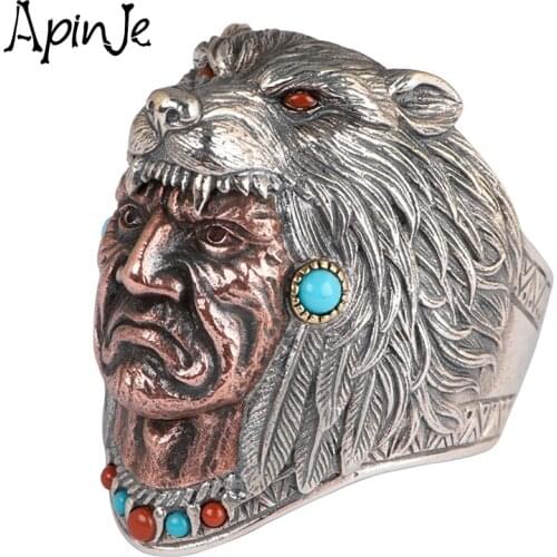 Apinje 925 Sterling Silver Opening Ring Wolf Head Satan Red Pine Fashion Male Rings for Men Jewelry