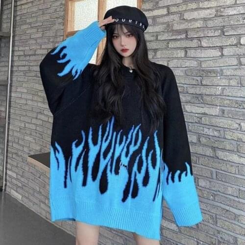 2021 Mens High Street Fashion Coats BF Printed Flame Wool Sweater Hip Hop Couple Clothes Knitting Loose Oversized Pullover
