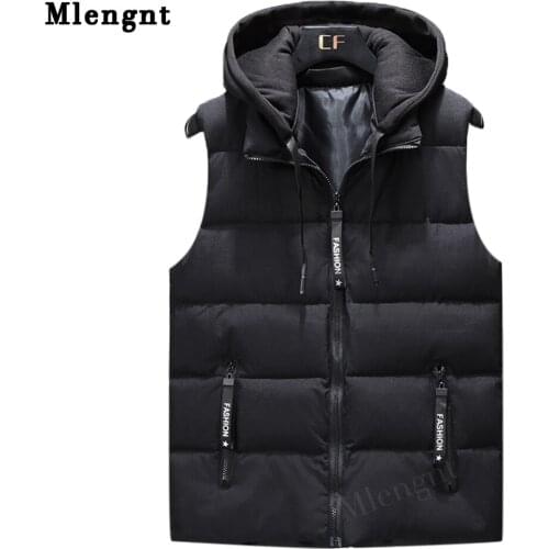 Mens Winter Vest Hat Detachable Sleeveless Jacket Simple Solid Unloading Cotton-Padded Photographer Coat Warm Thicken Waistcoat