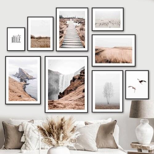 Mountain Path Waterfall Reed Landscape Wall Art Canvas Painting Nordic Posters And Prints Wall Pictures For Living Room Decor