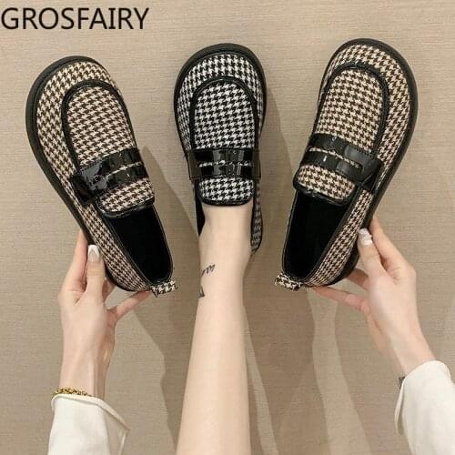 2021 new fashion British style small leather shoes retro check Mary Jane single shoes women
