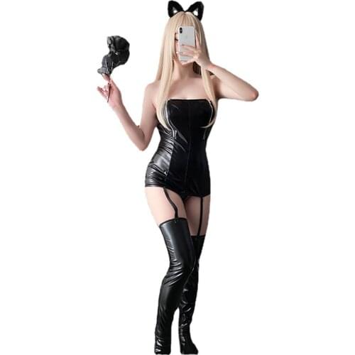 2021 new sexy underwear gathering zipper PU patent leather motorcycle clothing sexy temptation Sao leather socks strap