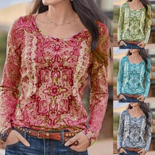 New Women Casual Floral Print Blouse Shirt Women Spring O-neck Long Sleeve Pullover Tops Lady Vintage Plus Size Streetwear Blusa