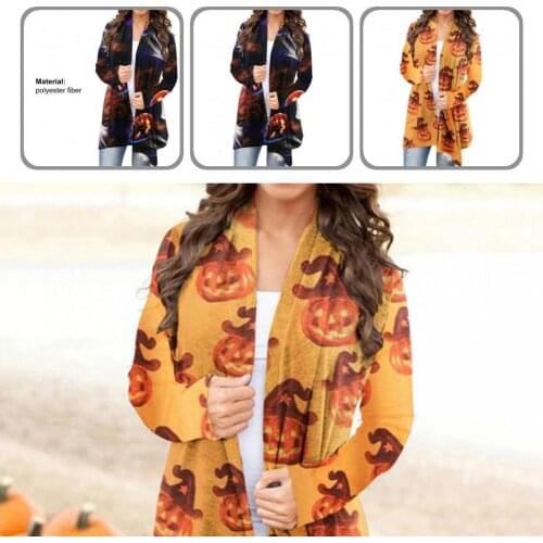 Top Stylish Pumpkin Print Women Coat Skin-friendly Cardigan Coat Open Front Outerwear