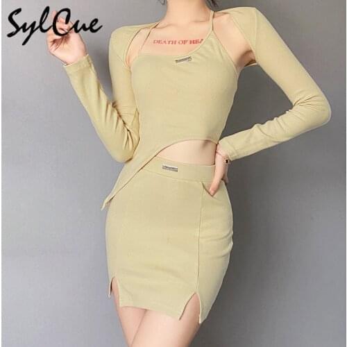 Sylcue Autumn crop halter mini skirt suit match with spring and Autumn style long sleeve small coat slim two-piece dress soft