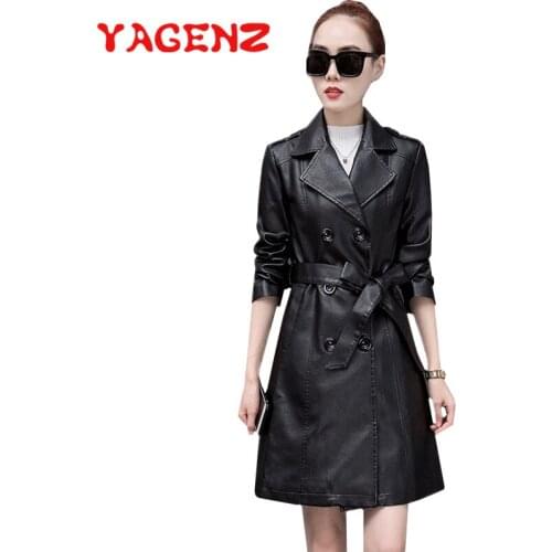 YAGENZ PU Faux Leather Jacket Women Classic Leather Windbreaker Jacket With Belt Spring Lady Basic Coat Plus Size Outerwear 646