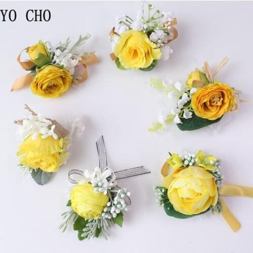 YO CHO Artificial Sunflowers Groom Boutonniere Buttonhole Yellow Rose Boutonniere Men Wedding Corsage Pin Flower Silk Ribbon Wedding Planner Marriage Corsage Flower