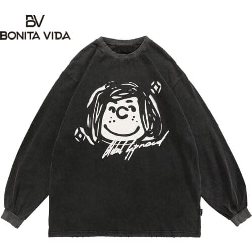 Bonita Vida Oversized Tshirts Funny Graffiti Cartoon Print Long Sleeve Distressed Tees Shirts Streetwear Hip Hop Harajuku Tops