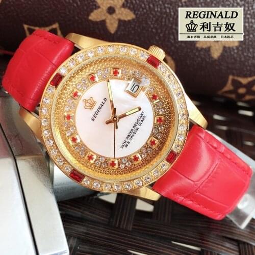 2019 Watches For Ladies Big Dial 36mm Red Leather Luminous Fashion Quartz Rhinestone Watch Gold Full-jewelry Luxury Wristwatch