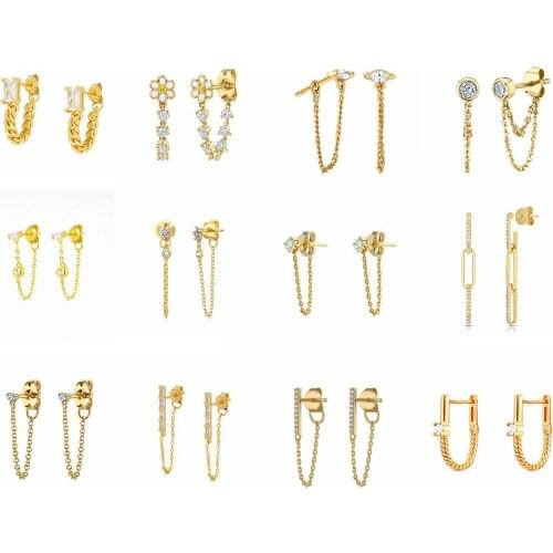 925 CZ Studs With Chain, Dangling Chain stud Earrings, Delicate Gold Earrings, Cubic Zirconia, Fashion Jewelry for women A30